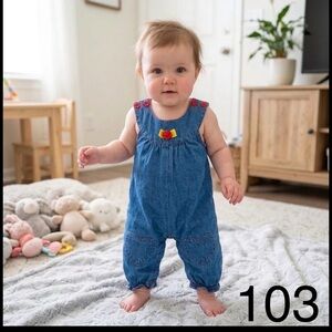 Cracker Barrel Denim Baby Romper with Red Flower Details